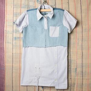 Custom reworked denim patchwork shirt / Hybrid Polo Top